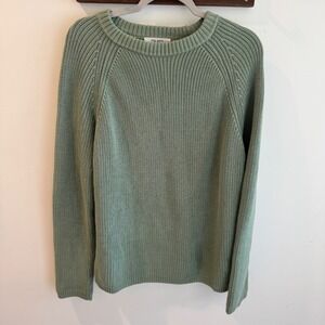 Pura Cashmere Sage Green 100% Supima Cotton Fisherman Ribbed Crew Sweater XL